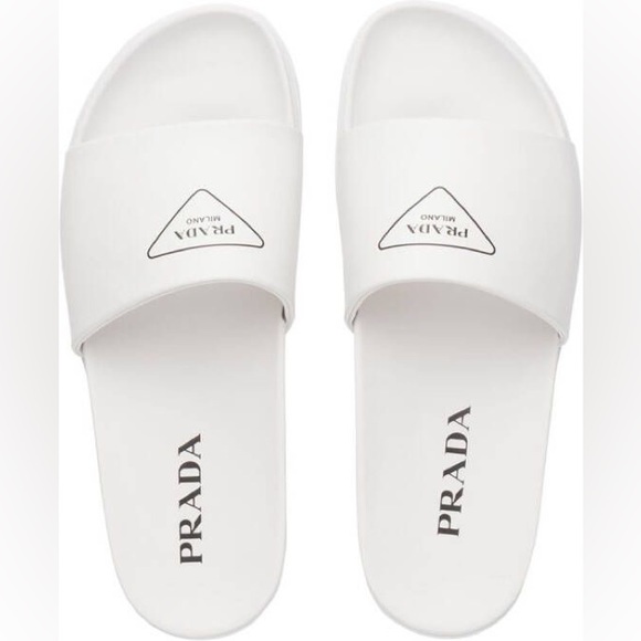 Prada Men’s silkscreen logo print slides sandals White leather New US 12 & 12.5 - Picture 6 of 14